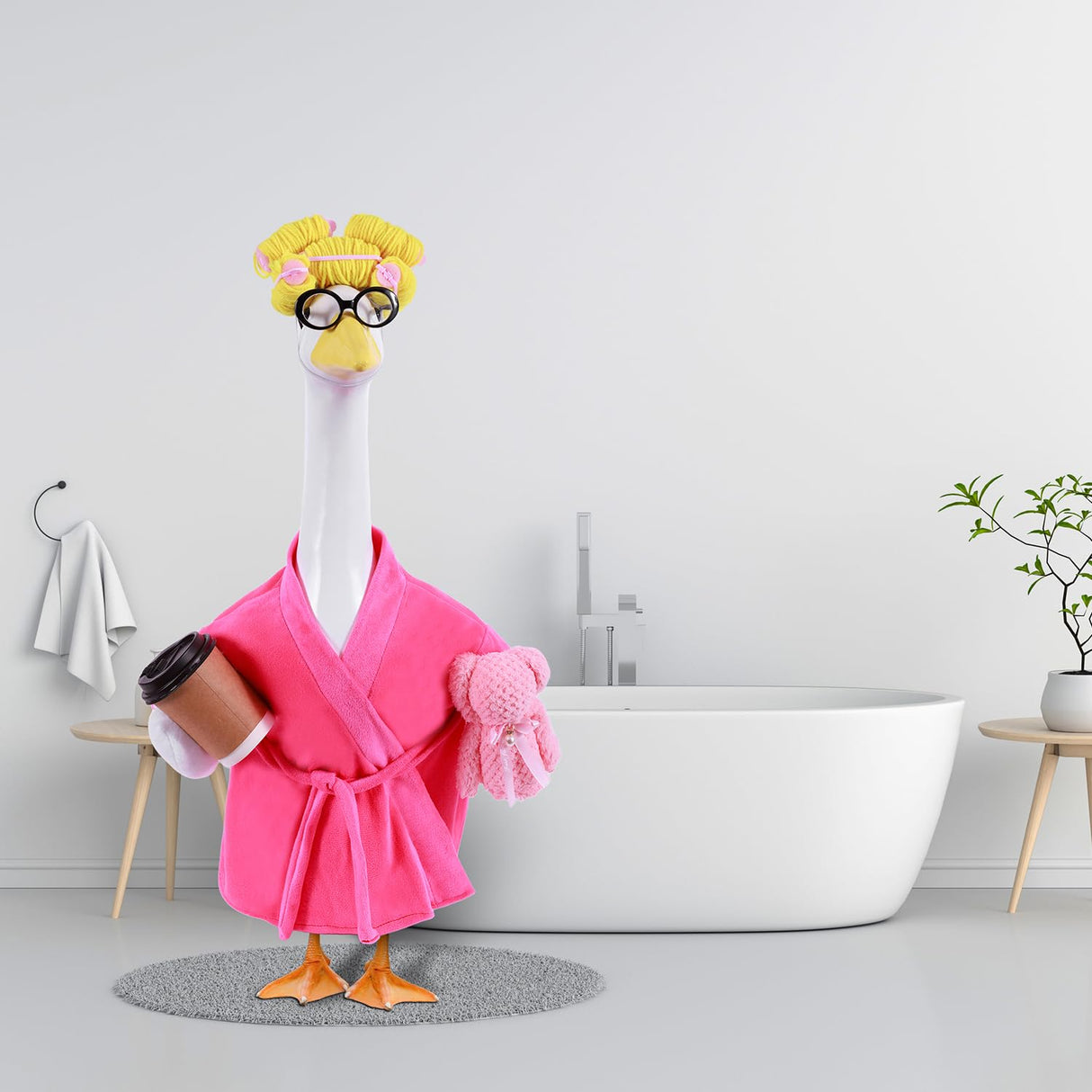 Lady Porch Goose Outfits,Bathrobe Porch Goose Statue Costume with Curlers Reading Glasses Coffee Cup Towel,Cute Goose Clothes for 23-Inch Cement or Plastic Statue,Lawn Yard Garden Patio Decor(Pink)