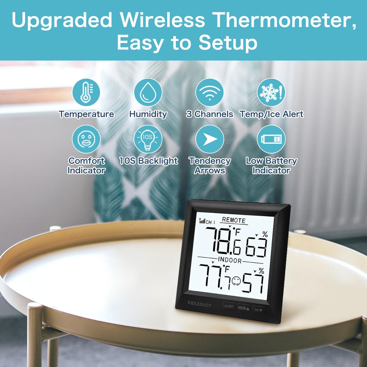 KIDLEDUCT Indoor Outdoor Thermometer Wireless Battery Powered, High Precision Inside Outside Humidity Temperature with Alert, Backlight Weather Thermometers with 1 Sensor, 330ft Wireless, Black