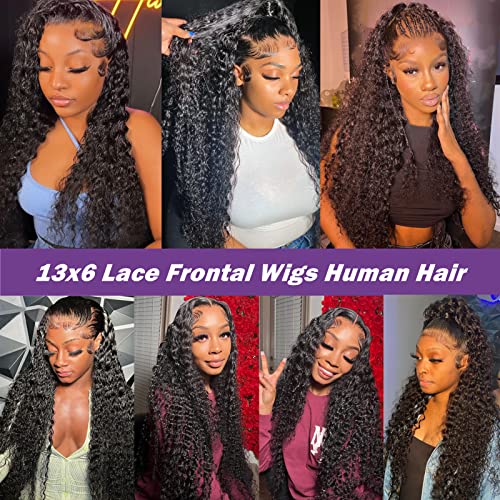 13x6 Deep Wave Lace Front Wigs Human Hair Curly Hd Transparent Lace Frontal Wig for Women Wet and Wavy Glueless Wigs Pre Plucked with Baby Hair Brazilian Hair 180% Density Natural Black 22 Inch