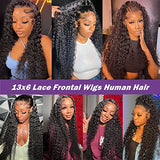 13x6 Deep Wave Lace Front Wigs Human Hair Curly Hd Transparent Lace Frontal Wig for Women Wet and Wavy Glueless Wigs Pre Plucked with Baby Hair Brazilian Hair 180% Density Natural Black 22 Inch