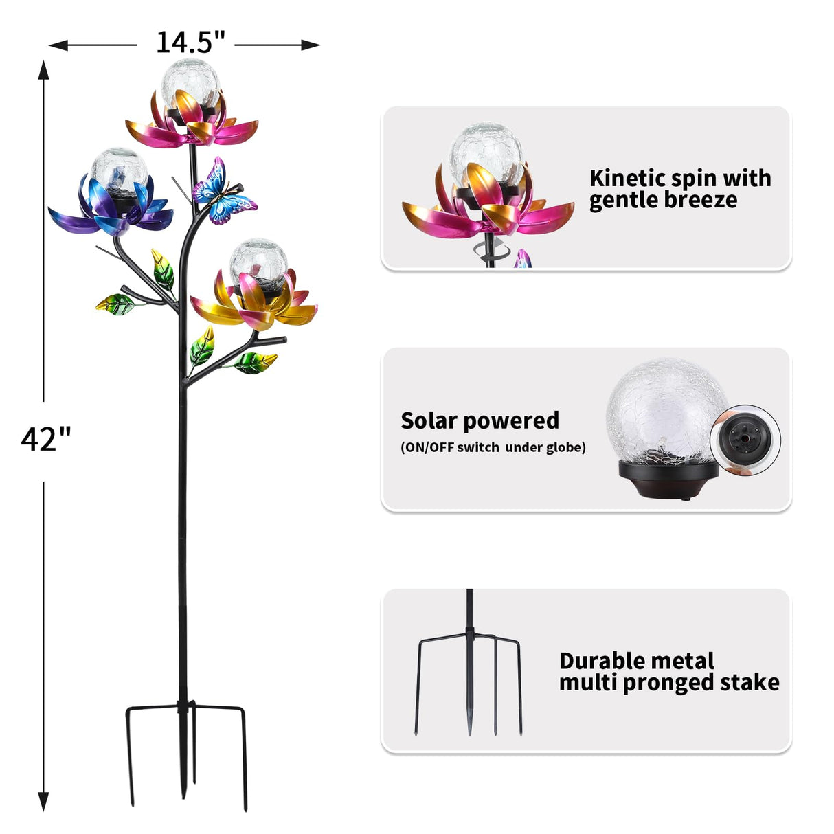 Solar Lights Outdoor Decorative Lotus Flowers Wind Spinner Garden Stake with LED Crackle Balls Solar Wind Sculpture Yard Art Decor for Patio, Lawn & Garden