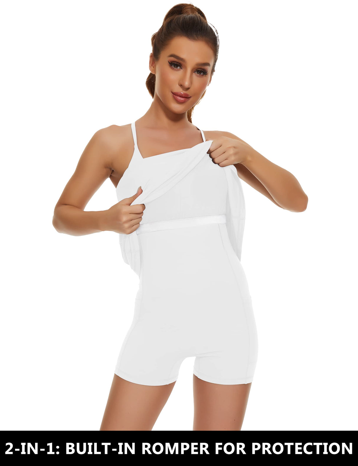 Womens Tennis Dress, 2-in-1 Golf Workout Dress with Built-in Bra & Shorts Pockets, Athletic Dresses with Adjustable Strap B-White