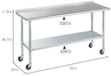 Stainless Steel Table for Prep & Work with Caster & Backsplash 24x72 Inches, NSF Metal Commercial Kitchen Heavy Duty Table with Adjustable Under Shelf and Table Foot for Restaurant, Home and Hotel