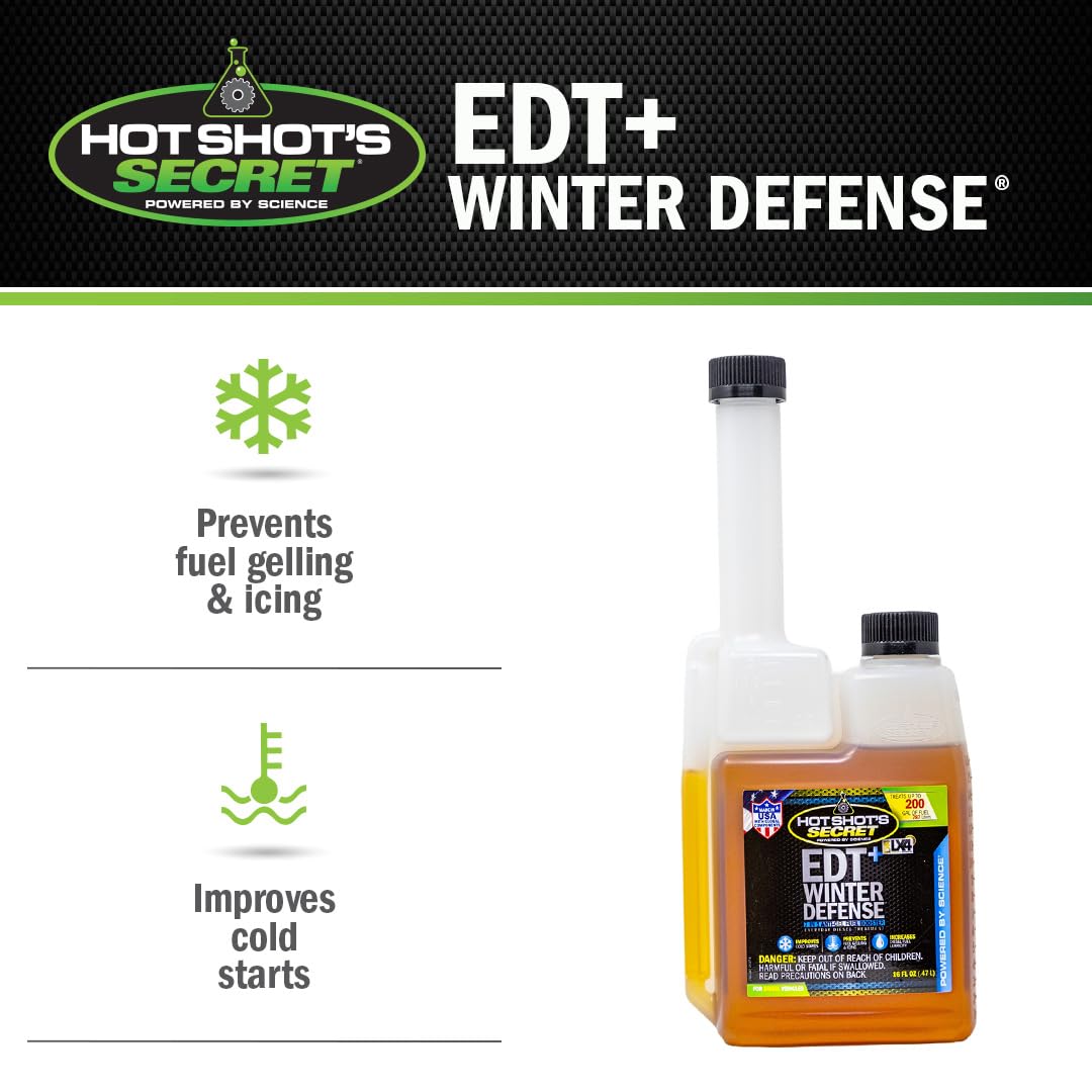 Hot Shot's Secret EDT+ Winter Defense, 7-in-1 Anti-Gel Diesel Fuel Additive, Prevents Gelling, Protects Diesel Fuel System, Diesel Additive Improves Cold Start, Boosts Cetane, 16oz, Packaging May Vary