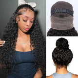 Ebarly Hidden Strap 360 Full Lace Front Wigs Human Hair Pre Plucked Bleached Knots 180 Density Water Wave HD Lace Frontal Wig with Drawstring Natural Hairline Glueless Wigs for Women(24 inch)