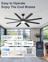 Phylluz 72'' Large Ceiling Fans with Lights, Modern Black Ceiling Fan Remote/APP Control, Dimmable, Quiet DC Motor Big Ceiling Fan for Indoor/Covered Outdoor