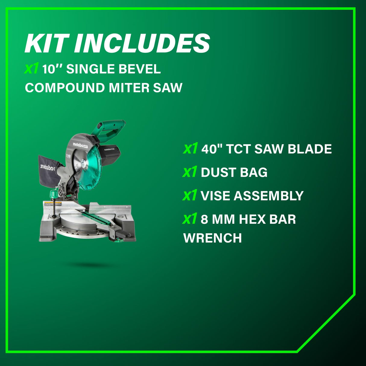Metabo HPT 10-Inch Compound Miter Saw, 15-Amp Power Saw with Large 10-Inch Table, Precision Miter Angles, Single Bevel 0-45°, 24T TCT Blade, Positive Stops, Lightweight Design, C10FCGS