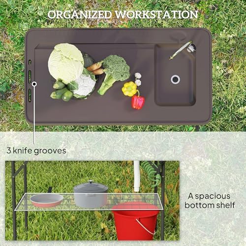 Outsunny Folding Fish Cleaning Table with Sink, Portable Camping Sink Station with Faucet, Drainage Hose, Sprayer and Grid Rack, Outdoor Fillet Table for Picnic Beach Patio, Tan