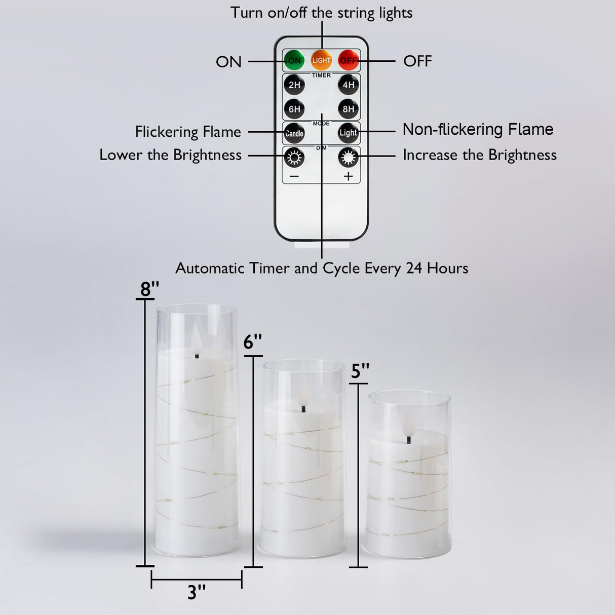 Homemory 9 Pcs Flameless Candles with Embedded Star String Fairy Lights, Battery Operated Candles, LED Candle, Fake Candles with Remote Control and Timer (Ivory)