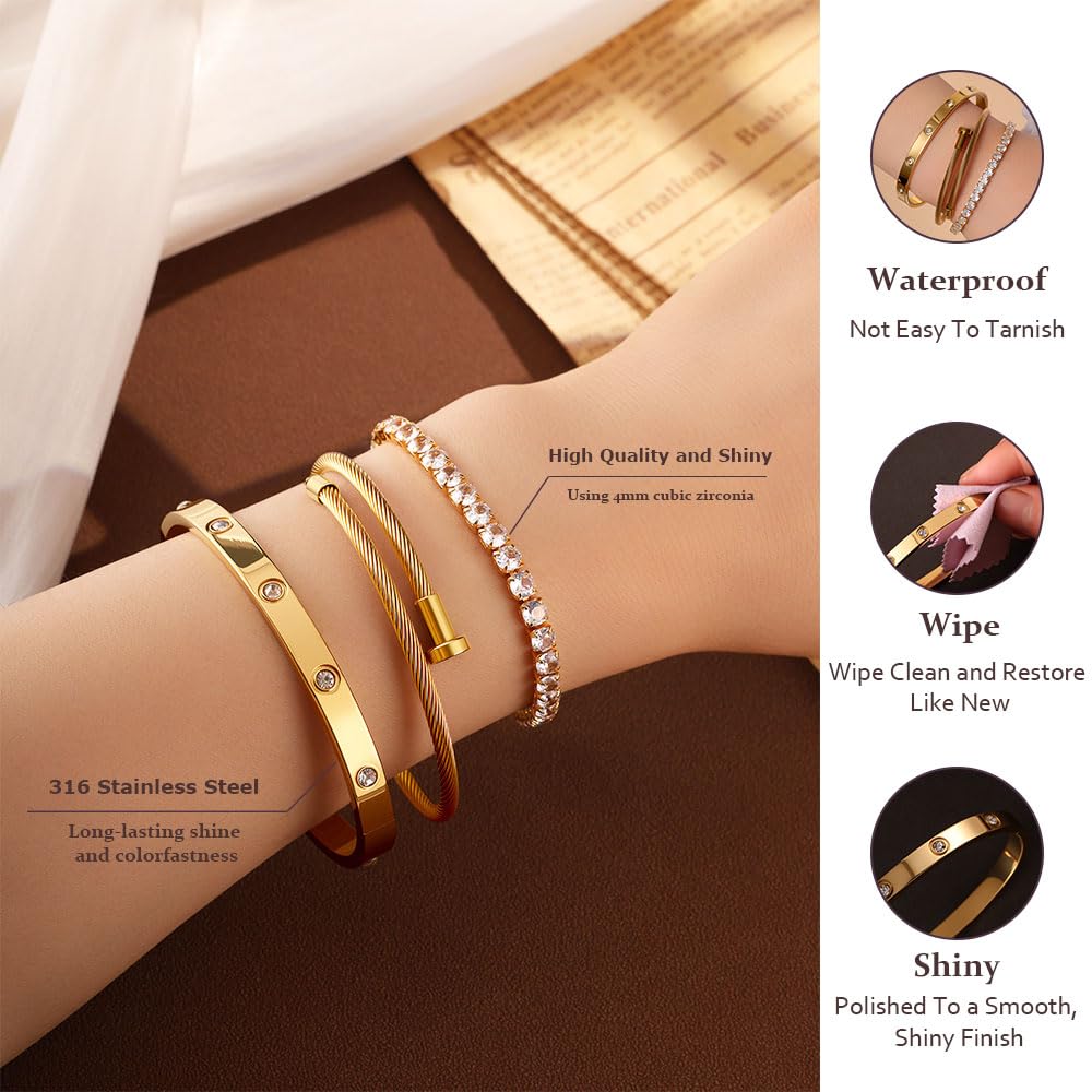 JUNVirtuous 3-Pack Gold Bracelets for Women,18K Gold Plated Bangle Tennis Bracelets Stack Set for Women Trendy Non Tarnish Stainless Steel Gold Bangles Accessories Designer Jewelry Pulseras Para Mujer