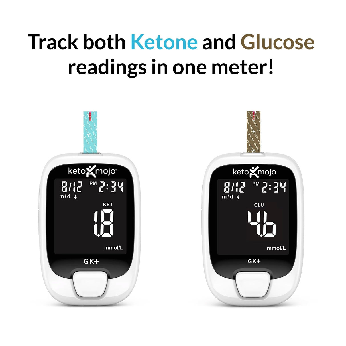 KETO-MOJO GK+ Bluetooth Glucose & Ketone Testing Kit + Free APP for Ketosis & Diabetes Support. 20 Blood Test Strips (10 Each), Meter, 20 Lancets, Lancing Device, and Control Solutions