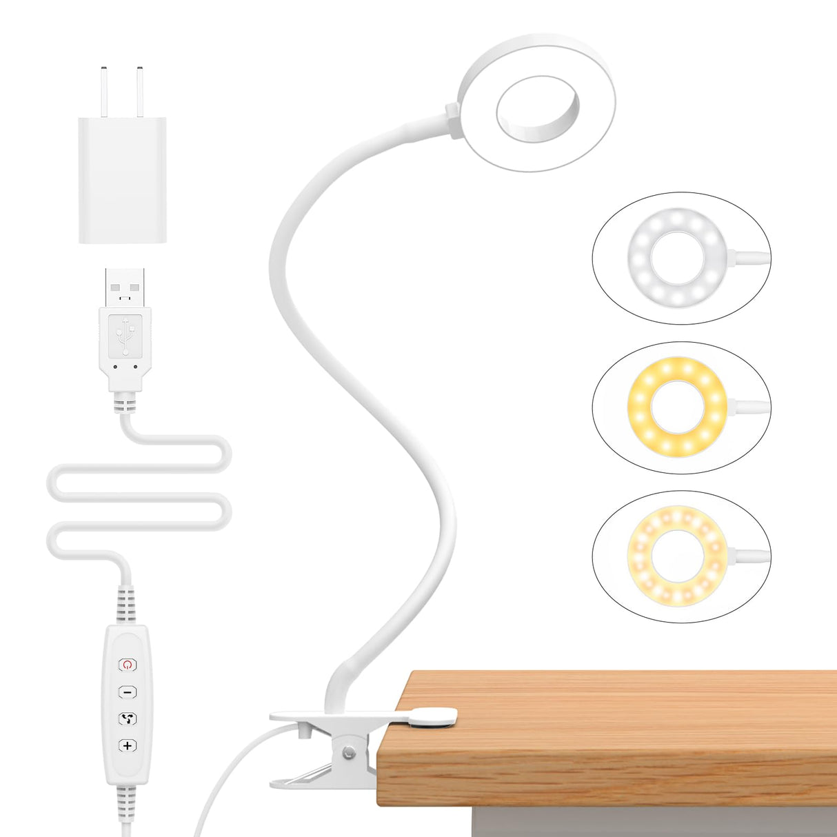 iZELL Reading Light, USB Clamp Lamp for Child Reading Book in Bed at Night, LED Small Desk Lamp with Silicone Adjustable Arm Clip on Beside Table for Studying Working Drafting Sewing - 15.8‘’ White