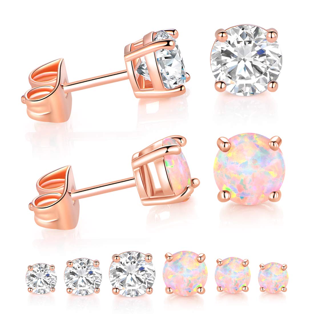 Dwearbeauty Rose gold Earrings, 6 Pairs Earrings Set Cubic Zirconia stud Earring with 18K Rose Gold Plated Hypoallergenic Opal Earring Small for Women
