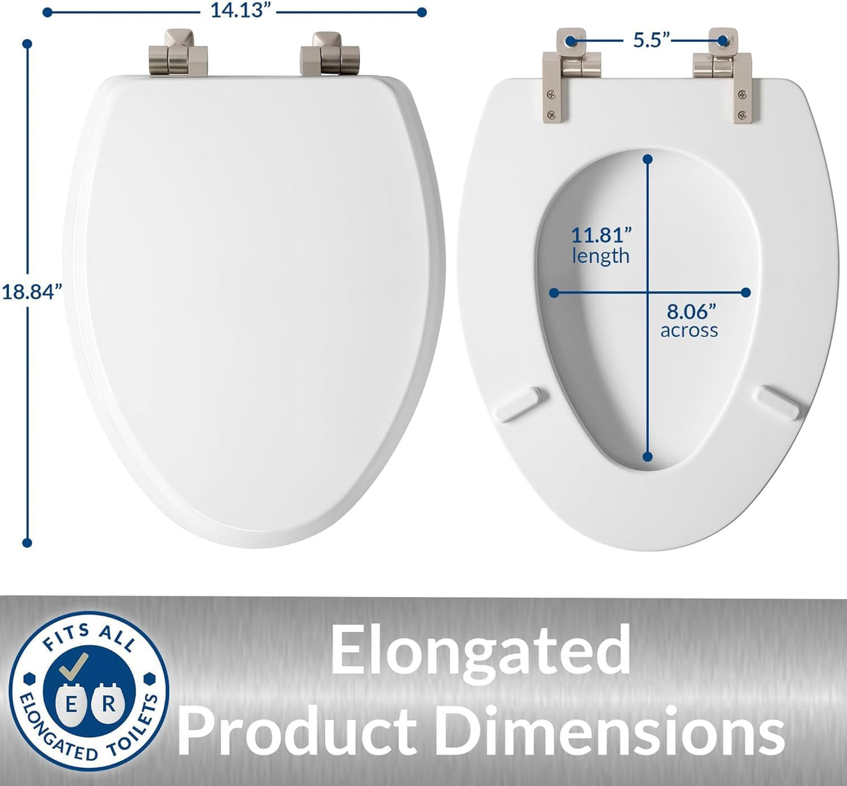 Mayfair Bennett Toilet Seat with Brushed Nickel Hinges, Slow Close Wood Seat, Secure Metal Hinges, Easy Install, Elongated, White