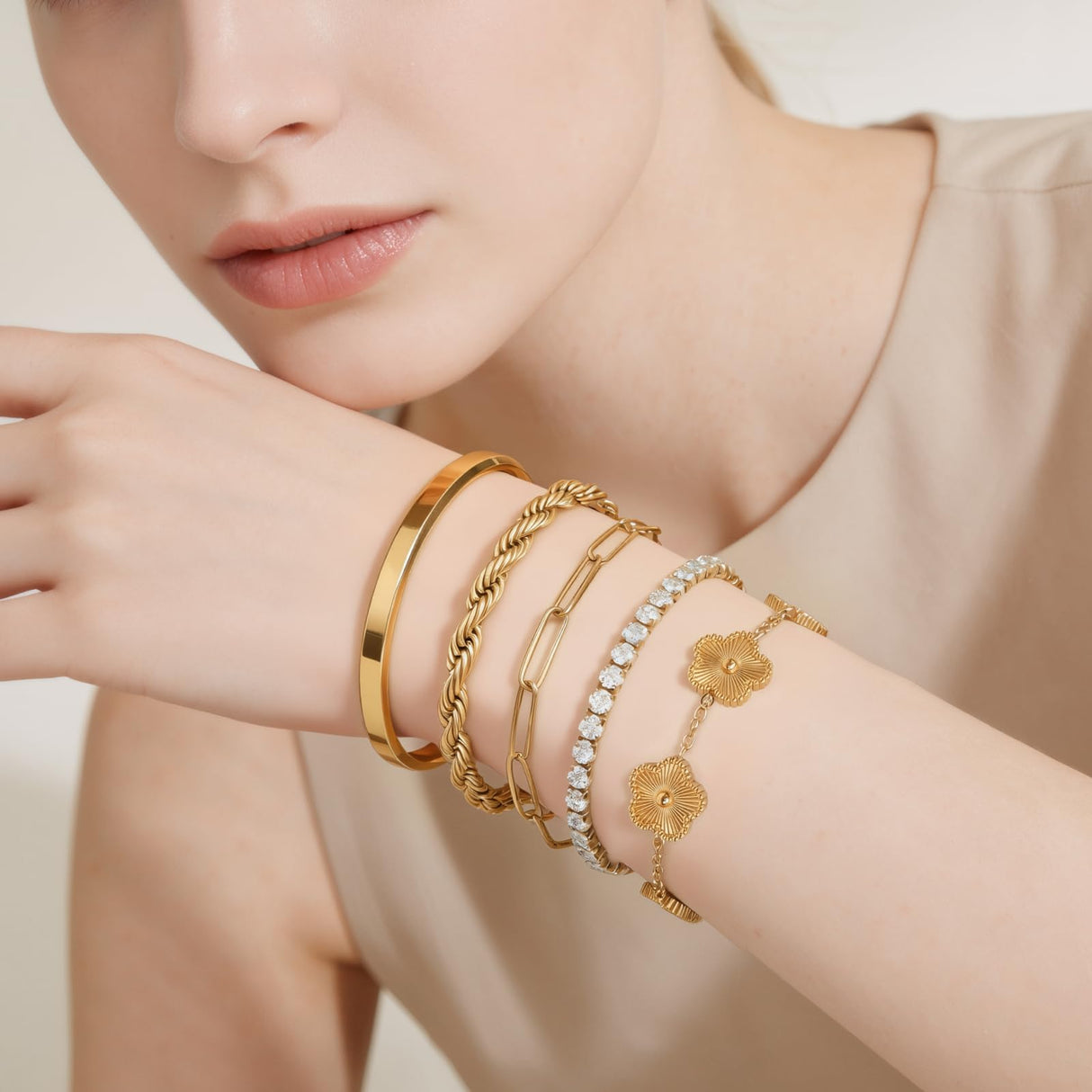 Gold Bracelets Set for Women Non Tarnish Waterproof 18K Gold Plated Lucky Floral Tennis Chunky Cuff Bracelet Tie Cuban Rope Paperclip Bracelet Stackable Trendy Fashion Accessories Stack Jewelry Gifts 5Pcs for Mothers Day Birthday(Gold)