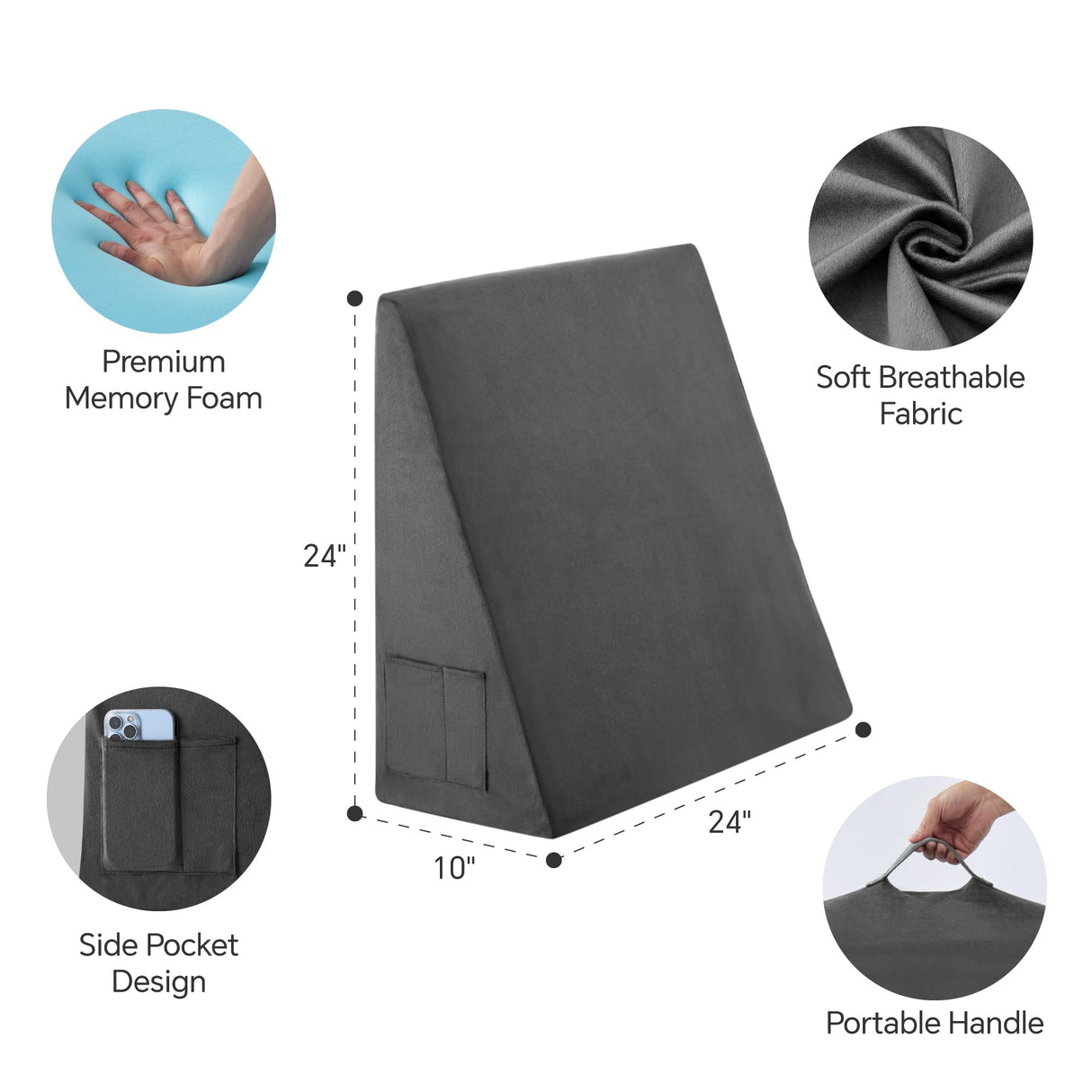 Bedluxe Bed Wedge Pillow for Sleeping, 10 Inch Memory Foam Wedge Pillow Post Surgery, Triangle Pillows Wedge, Elevated Support Pillows for Sleeping, Acid Reflux & Snoring - Removable Washable Cover