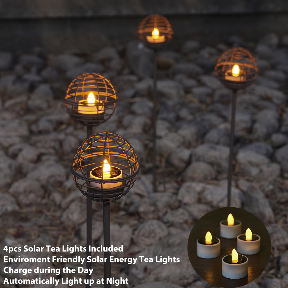 Solar Pathway Lights Outdoor, Rust Iron Ball Candle Holder Stake with Flickering Solar Powered Tea Lights, Perfect Decorative Garden Lighting for Yard Lawn Patio Landscape Decor Outside-4Pack