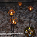 Solar Pathway Lights Outdoor, Rust Iron Ball Candle Holder Stake with Flickering Solar Powered Tea Lights, Perfect Decorative Garden Lighting for Yard Lawn Patio Landscape Decor Outside-4Pack