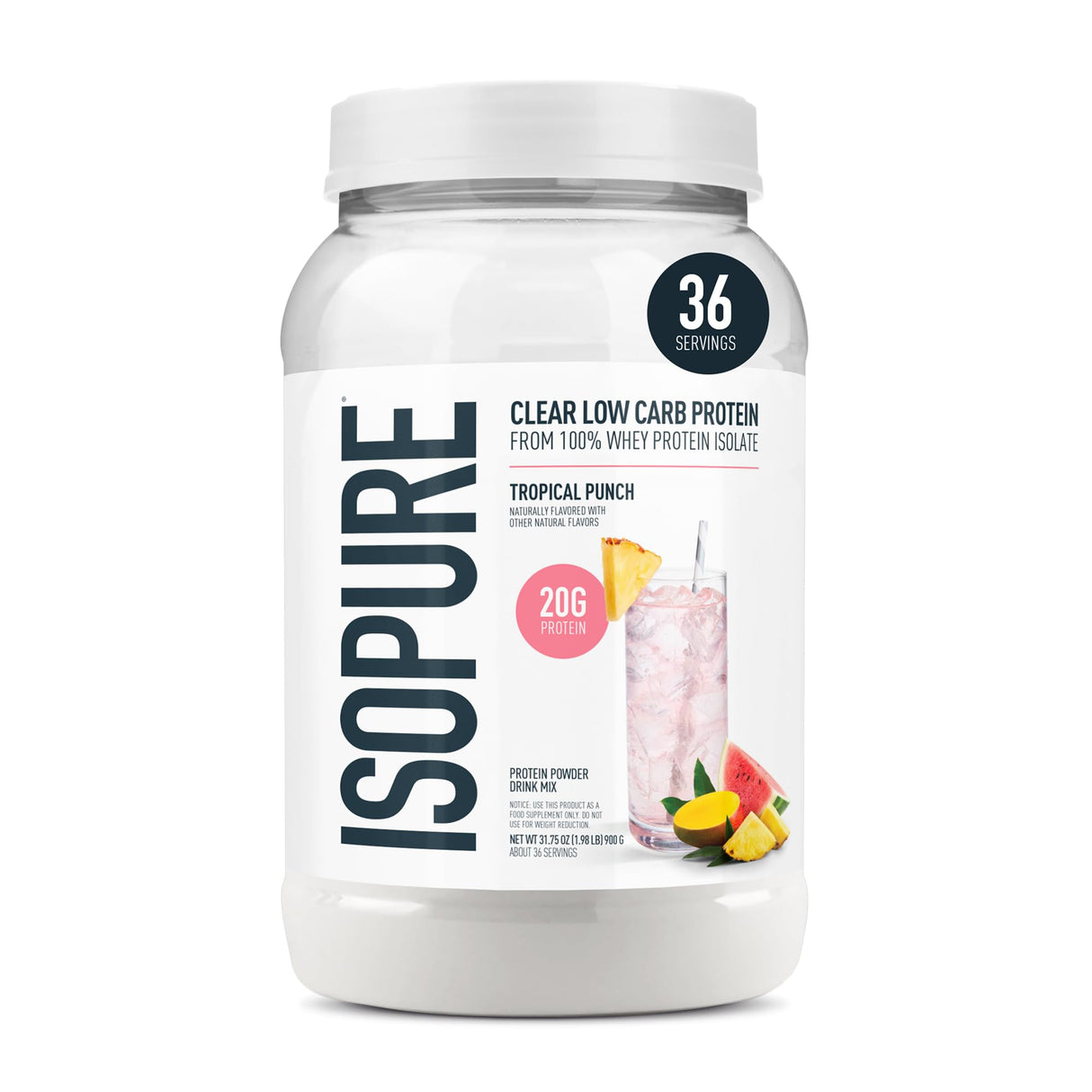 Isopure 100% Pure Whey Isolate Protein Powder Infusions, Lactose Free, Gluten Free, Naturally Flavored, Tropical Punch, 20g Protein Per Serving, 1.9 Lbs, 36 Servings