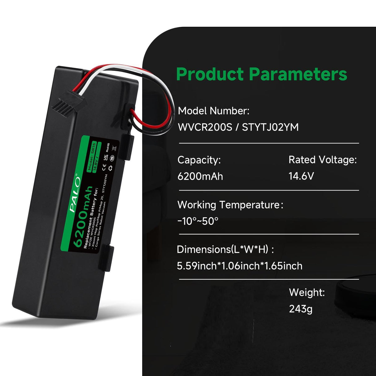 Palowextra 6200mAh Replacement Battery for Wyze WVCR200S Robot Vacuum, for Xiaomi STYTJ02YM, for Xiaomi Mop Pro/Mop P/Mop 2S Robot Vacuum