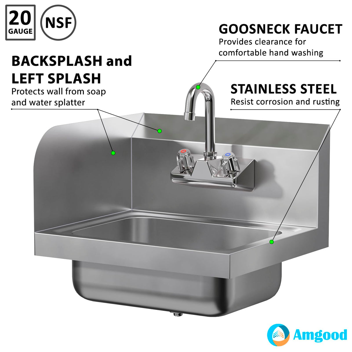 AmGood Stainless Steel Wall Mount Hand Sink with Faucet and Left Sidesplash 17" x 15" | NSF Commercial Hand Washing Basin For Restaurant, Kitchen and Home | Bowl Size: 10" x 14"
