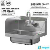 AmGood Stainless Steel Wall Mount Hand Sink with Faucet and Left Sidesplash 17" x 15" | NSF Commercial Hand Washing Basin For Restaurant, Kitchen and Home | Bowl Size: 10" x 14"
