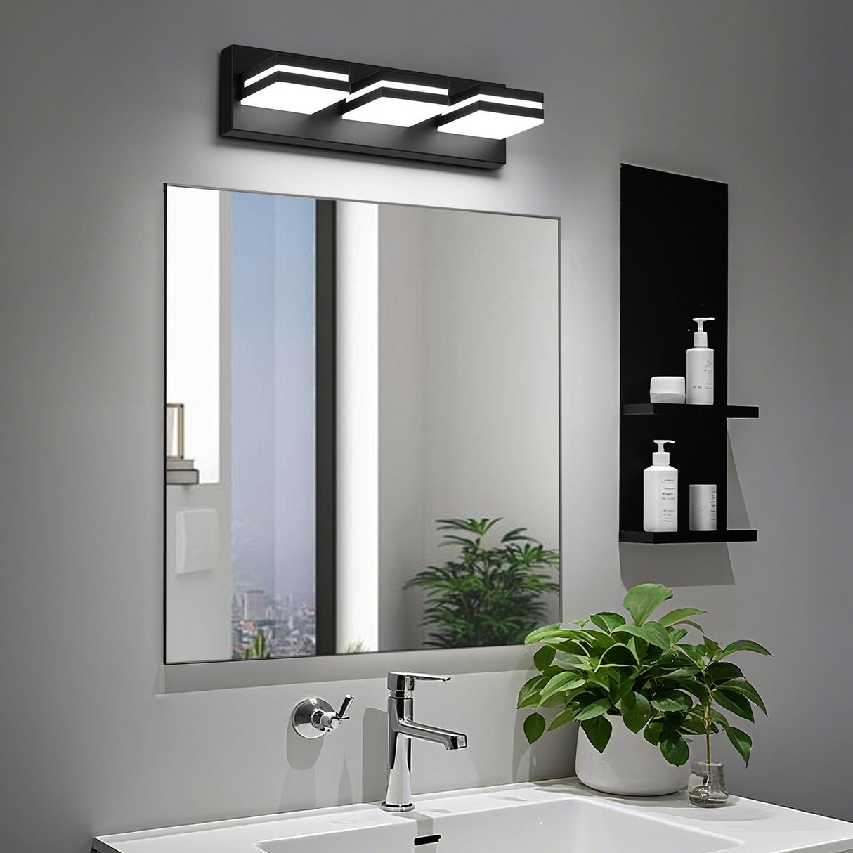 JZEKVN Modern LED Small Bathroom Lights Fixtures 3-Light,Metal Black Acrylic Wall Lighting,Vanity Lights for Bathroom Over Mirror 6000K 16in