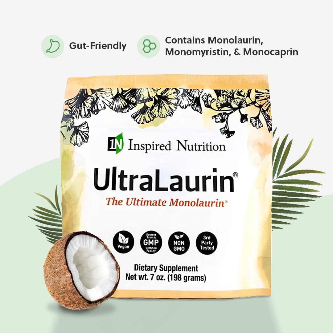 Inspired Nutrition UltraLaurin ® Monolaurin Supplement for Immune Support and Gut Health - Monolaurin Pellets - 7oz - 66 Servings, 3000 mg Each