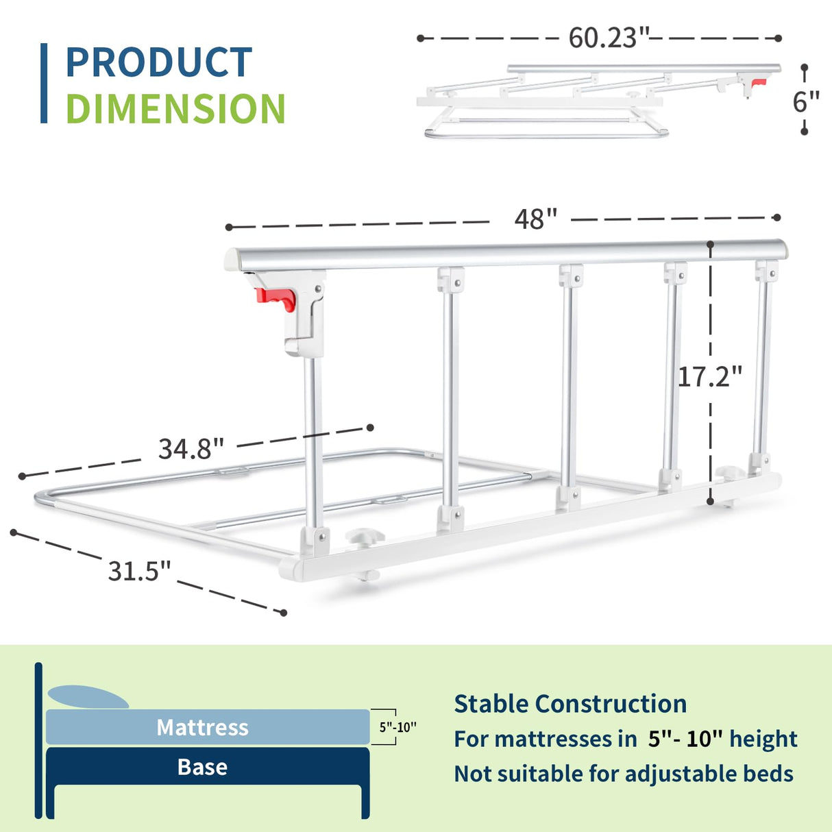 CanFord Bed Rails for Elderly Adults Safety, Folding Bed Assist Rail Handle for Seniors & Surgery Patients, Fall Prevention Safety Hand Guard Fit King, Queen, Full, Twin(Tool-Free Assembly), 48"x17.2"
