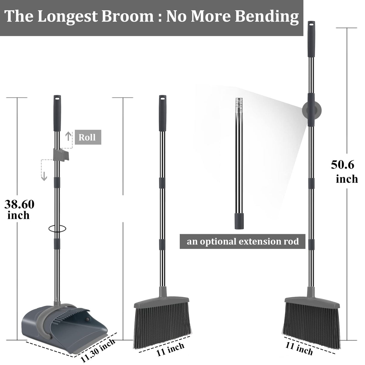 Broom and Dustpan Set, Dust pan with Long Handle, Broom with Dustpan Combo Set, Broom and Dustpan for Home, Indoor or Outdoor Cleaning Tool (Deep Gray&Light Gray)