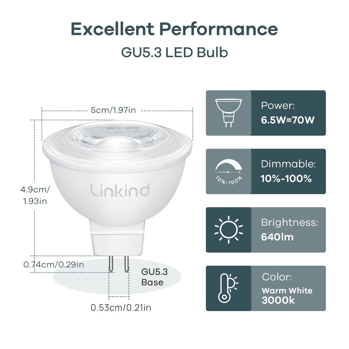 Linkind MR16 LED Bulb Dimmable, GU5.3 Bi-Pin Base LED Light Bulbs, 6.5W (70W Equivalent) 3000K Warm White 640lm MR16 LED Spot Lights, Recessed, Tracking Lights, 12V Low Voltage, 6 Packs