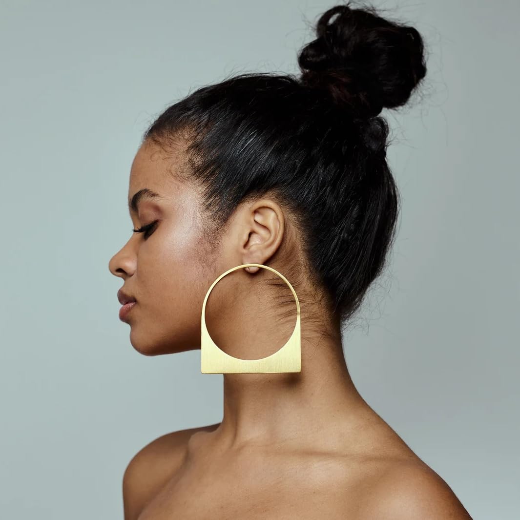 Large Gold Hoop Earrings, 14k Plating Big Chunky Geometric Hollow Brushed Metal Sheet Drop Dangle Huggie Studs Womens Statement Jewelry Gift (Hollow Gold)