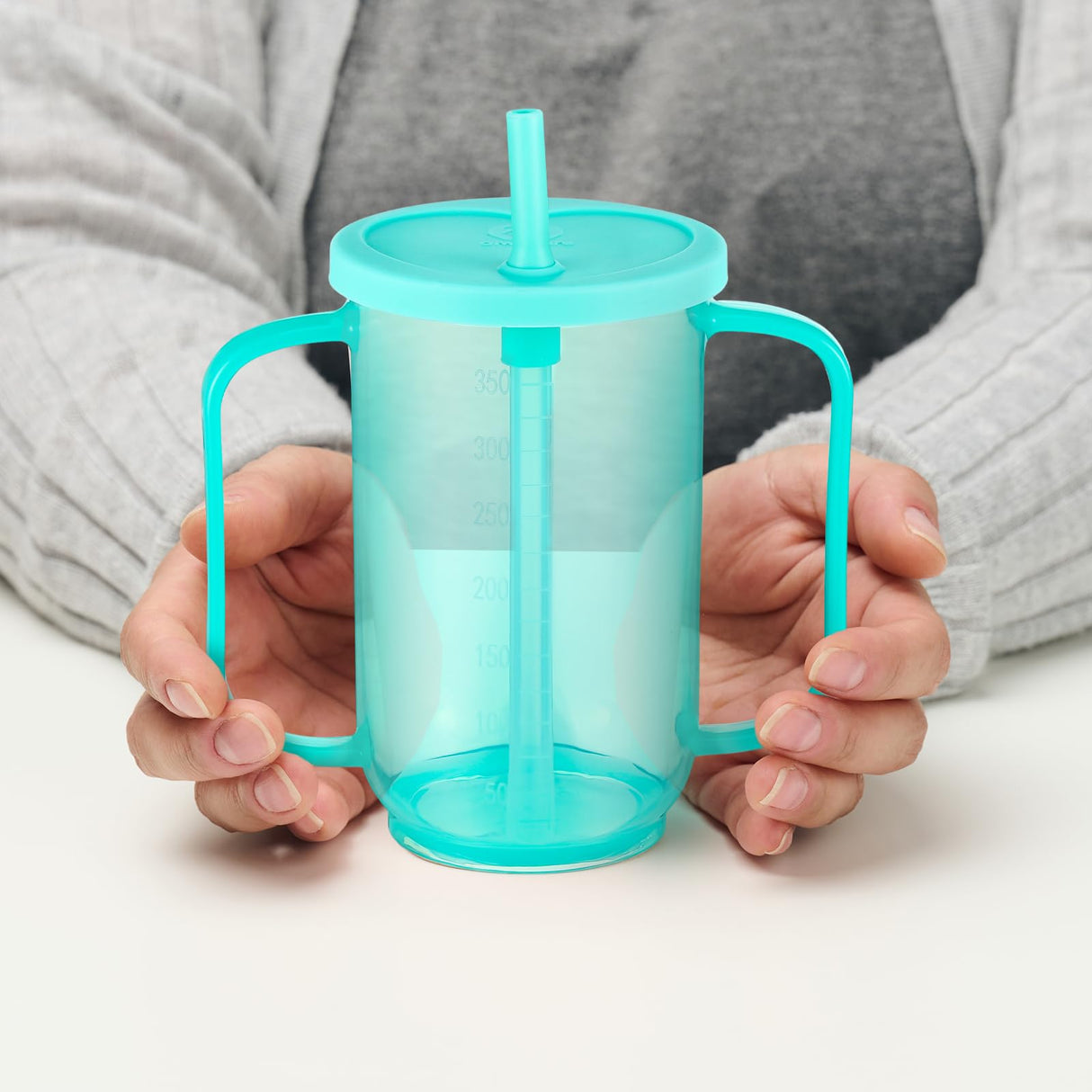 Sliner 3 Pcs Adult Sippy Cups for Elderly, 12 oz Plastic Spill Proof Cups with 2 Handles Straw and Lid for Adults Hospital Disabled Dysphagia Patients (Blue)