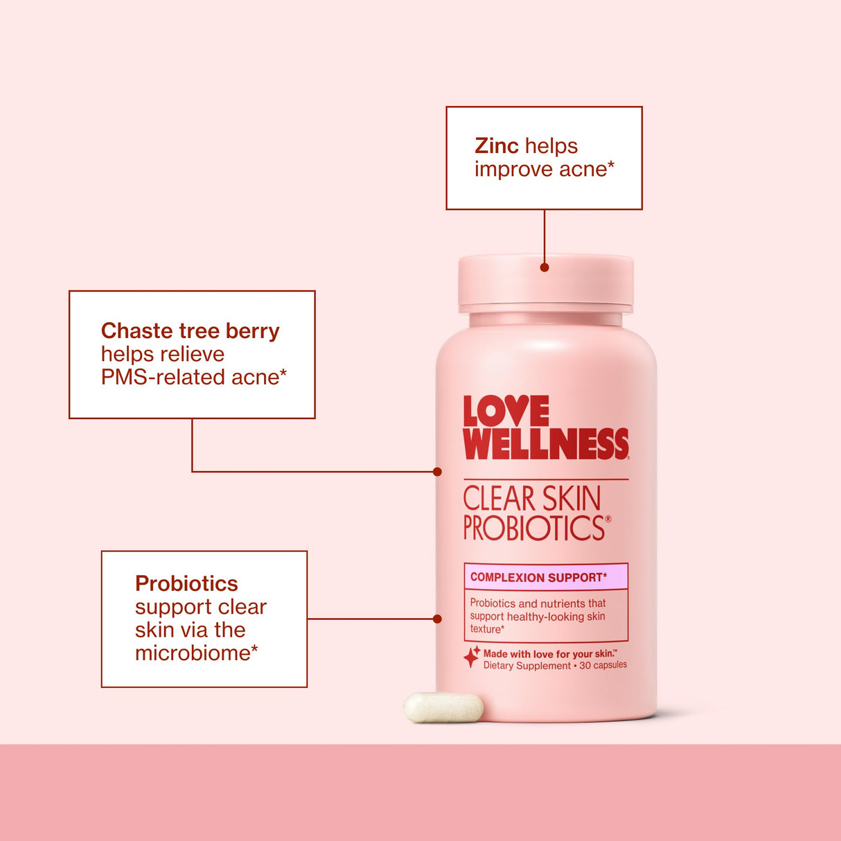 Love Wellness Clear Skin Probiotic | Clear Up Hormonal Acne Pimples, Redness & Pore Minimizer | Skin Care with Zinc, Bifidobacterium Longum & Chaste Tree Fruit Extract | Acne Treatment | 30 Count