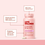 Love Wellness Clear Skin Probiotic | Clear Up Hormonal Acne Pimples, Redness & Pore Minimizer | Skin Care with Zinc, Bifidobacterium Longum & Chaste Tree Fruit Extract | Acne Treatment | 30 Count