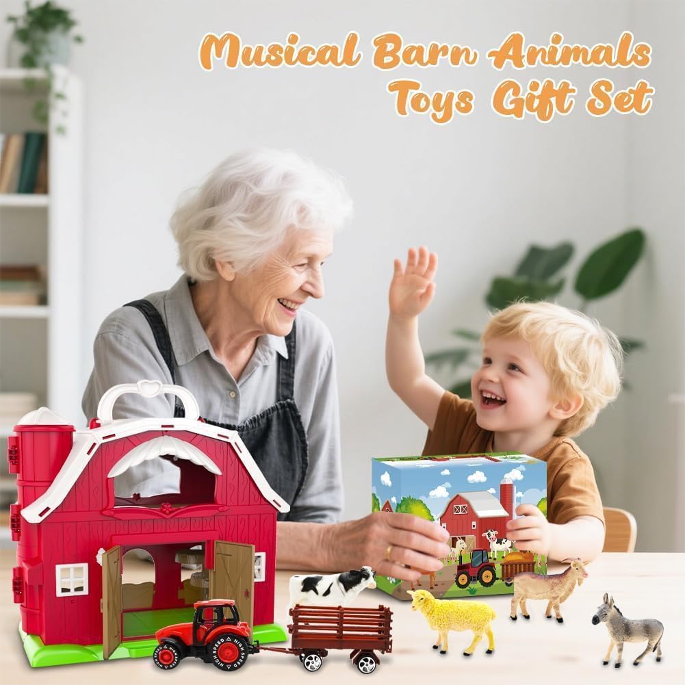 Big Red Barn Toys for Toddlers 1-3, Farm Animal Figures Playset with Tractor for 2 3 4 5 Year Old Kids, Musical Preschool Montessori STEM Learning Toys, Christmas Birthday Easter Gift for Boys Girls