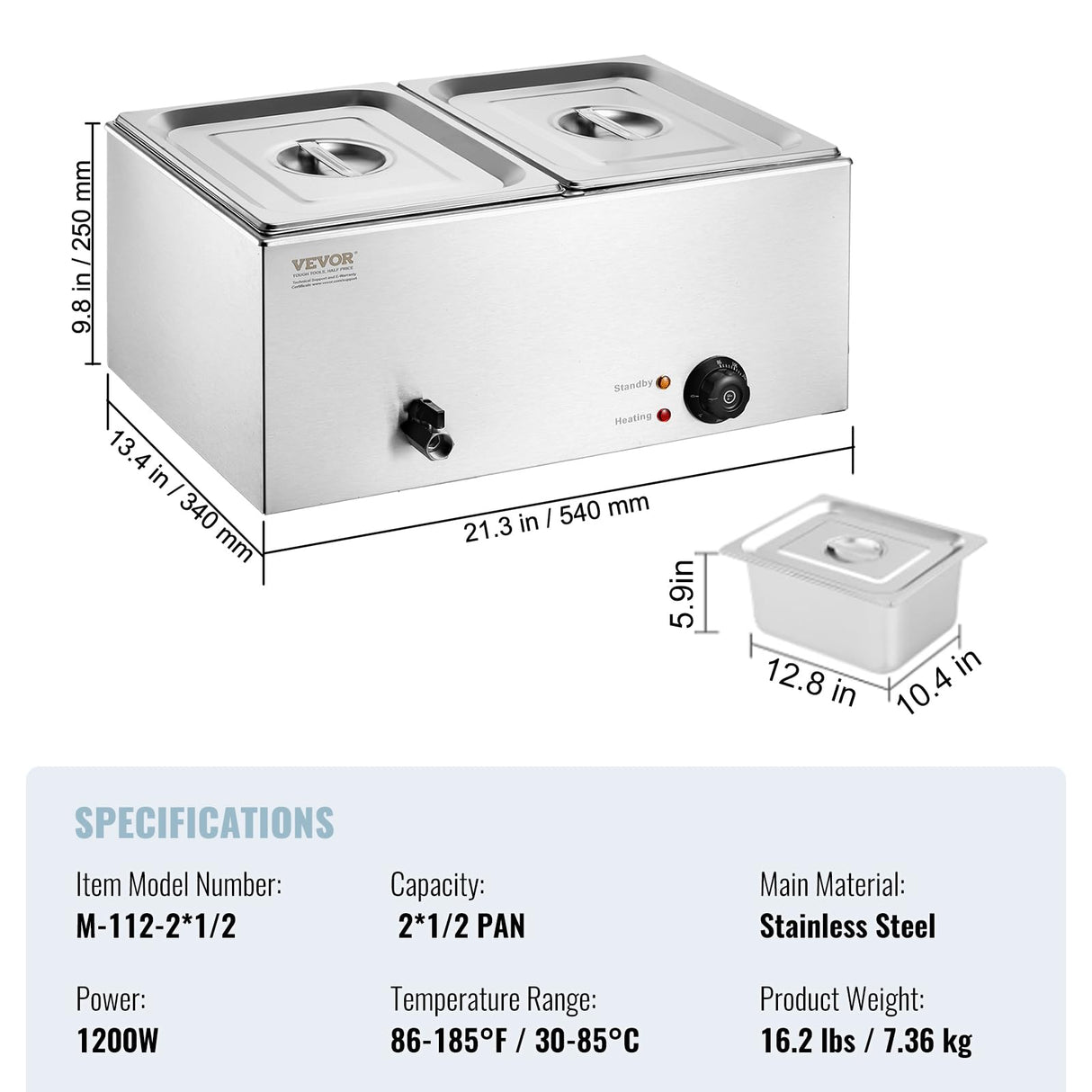 VEVOR 110V 2-Pan Commercial Food Warmer 1200W Electric Steam Table 15cm/6inch Deep Stainless Steel Bain Marie 24 Quart for Buffet Catering, Silver