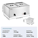 VEVOR 110V 2-Pan Commercial Food Warmer 1200W Electric Steam Table 15cm/6inch Deep Stainless Steel Bain Marie 24 Quart for Buffet Catering, Silver