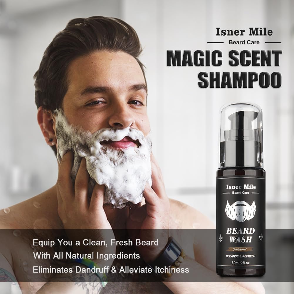 Isner Mile Beard Grooming Kit for Men: Trimming Sets with Beard Wash/Shampoo - Oil - Balm - Brush - Comb - Scissors & Storage Bag, Valentines Birthday Fathers Gifts for Dad Men Husband Boyfriend