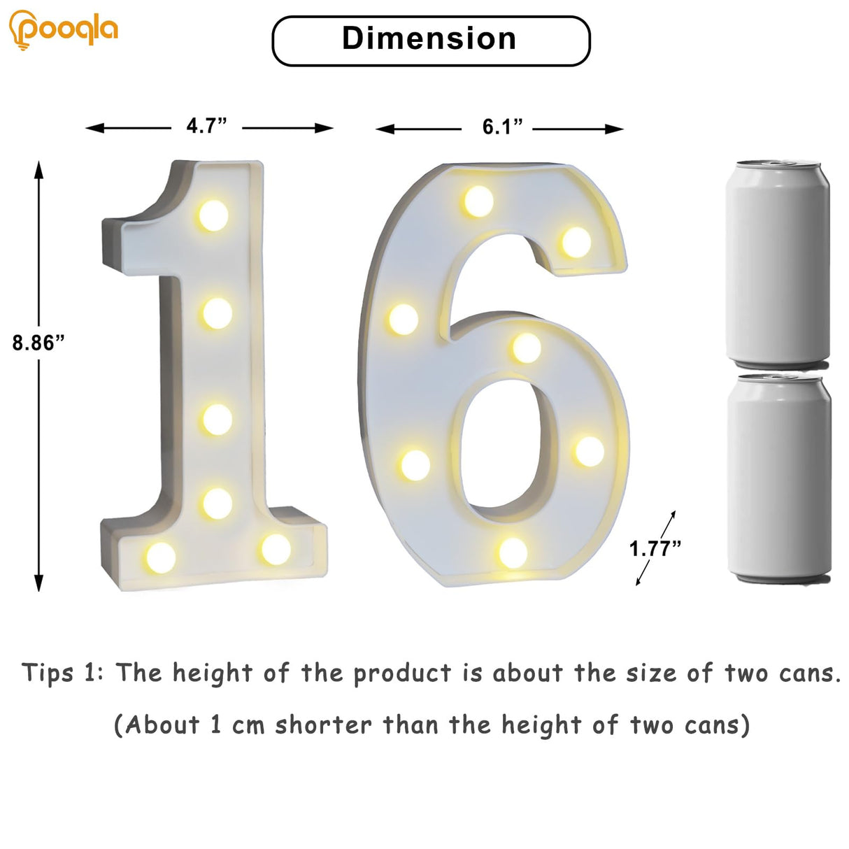 Pooqla Decorative Led Light Up Number Letters, White Plastic Marquee Number Lights Sign 16th Birthday Decorations for Girls Boys Party Wedding Decor Battery Operated Number (16)