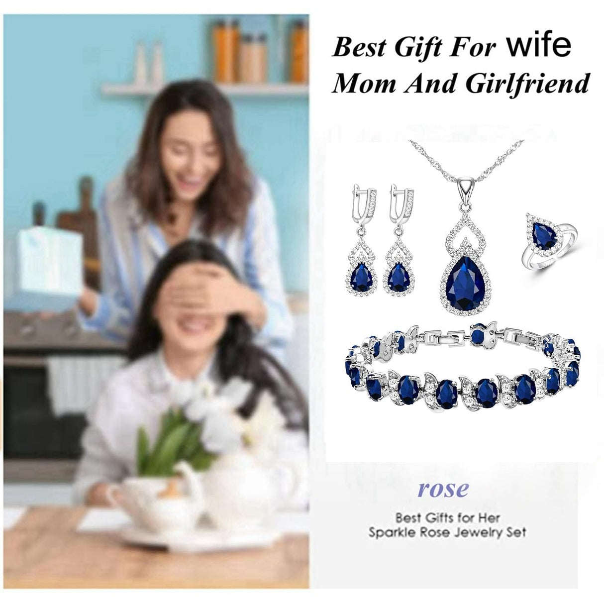 LMXXVJ Women Jewelry Set Platinum Plated Necklace Open Ring Earrings Bracelet Set,Birthday/Anniversary Mother’s Day Jewelry Gifts for Mom/Wife/Sister/Best Friend (blue, Adjustable)