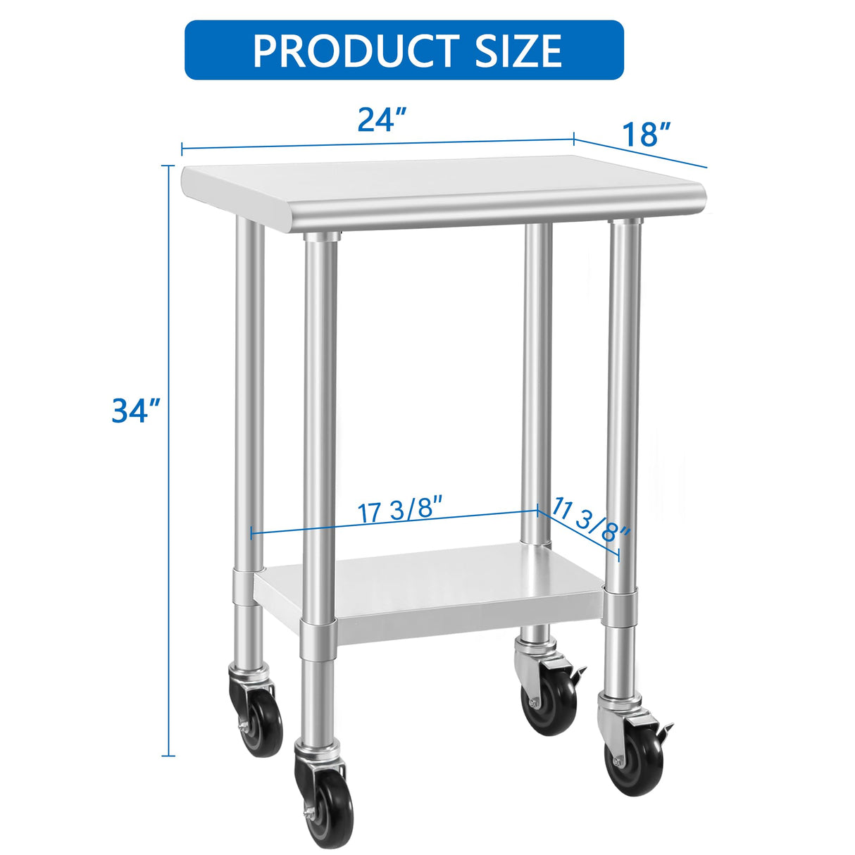 HARDURA Stainless Steel Commercial Table Prep & Work Table with Casters Heavy Duty Metal Table with Wheels NSF 430 18×24 Inches