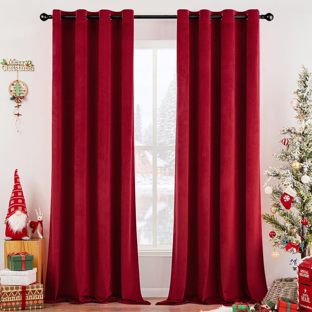 MIULEE Christmas Red Velvet Curtains Elegant Grommet Curtains Thermal Insulated Soundproof Room Darkening Curtains/Drapes for Classical Living Room Bedroom Theater Decor 52 x 84 Inch Set of 2