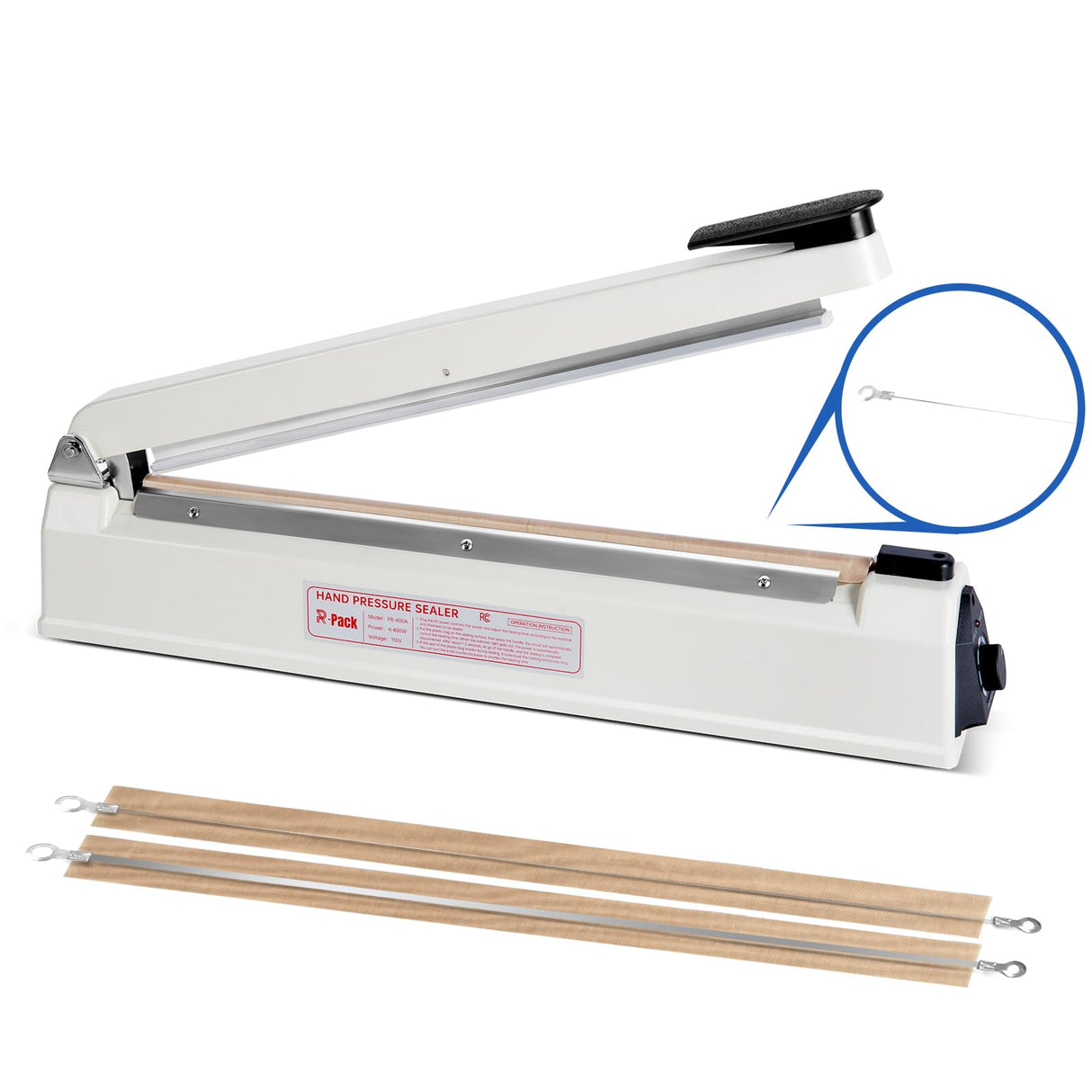 R-PACK Impulse Heat Sealer with Cutter, Heavy-Duty Bag Sealing & Cutting Machine, 2 Extra Replacements (White, 16-Inch)