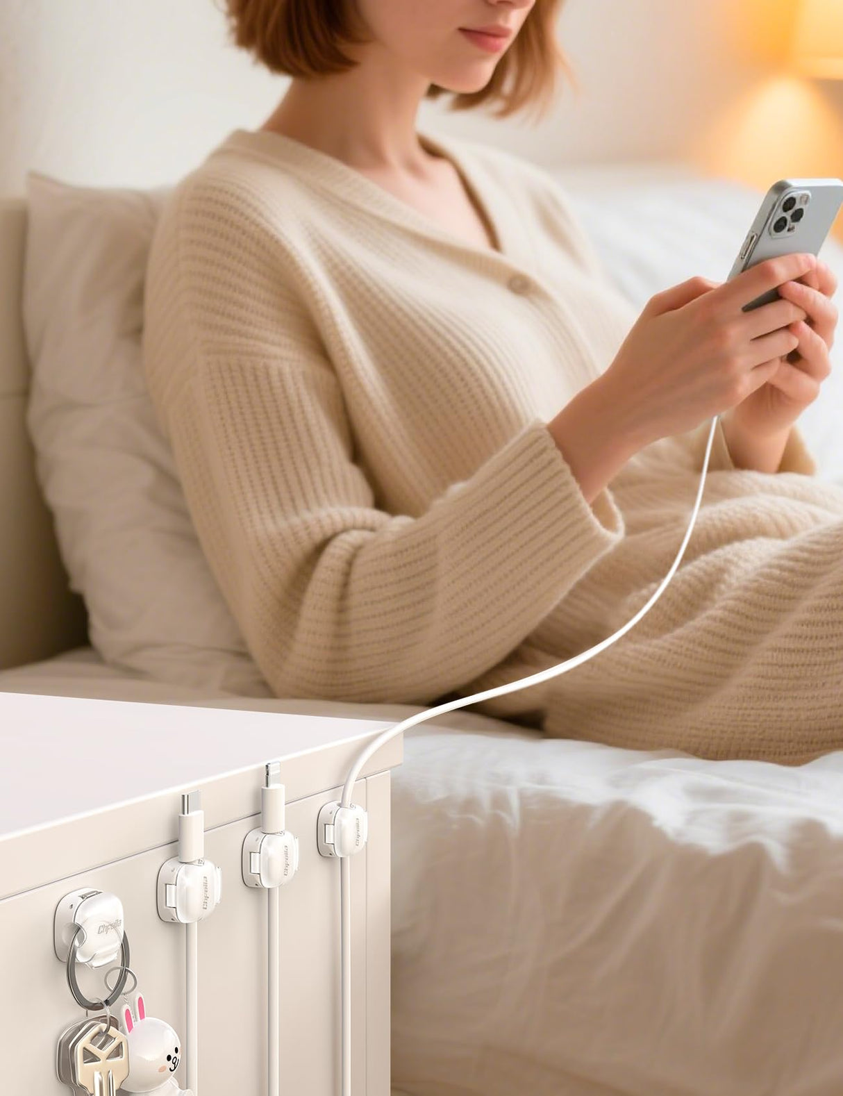 Cable Clips,12Pack Cord Holder Cord Organizer [1s Lock & Strongest Adhesive] Spring Cord Clips Phone Charger Wire Desk Cable Management Nightstand Home Office School Decor Women Cute Desk White