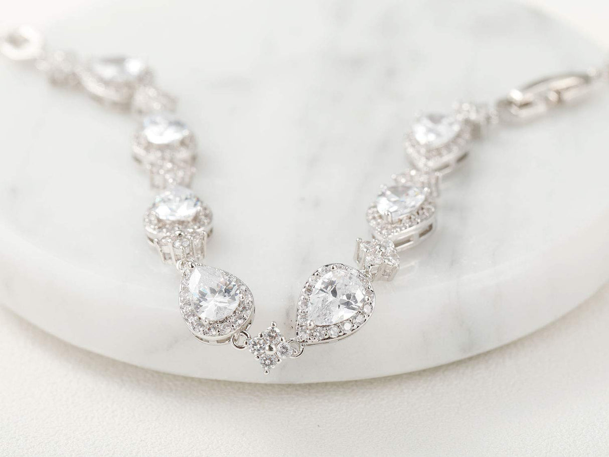 SWEETV Wedding Teardrop Bracelets for Brides Bridesmaids, Crystal Cubic Zirconia Bridal Bracelets for Women Prom, Silver