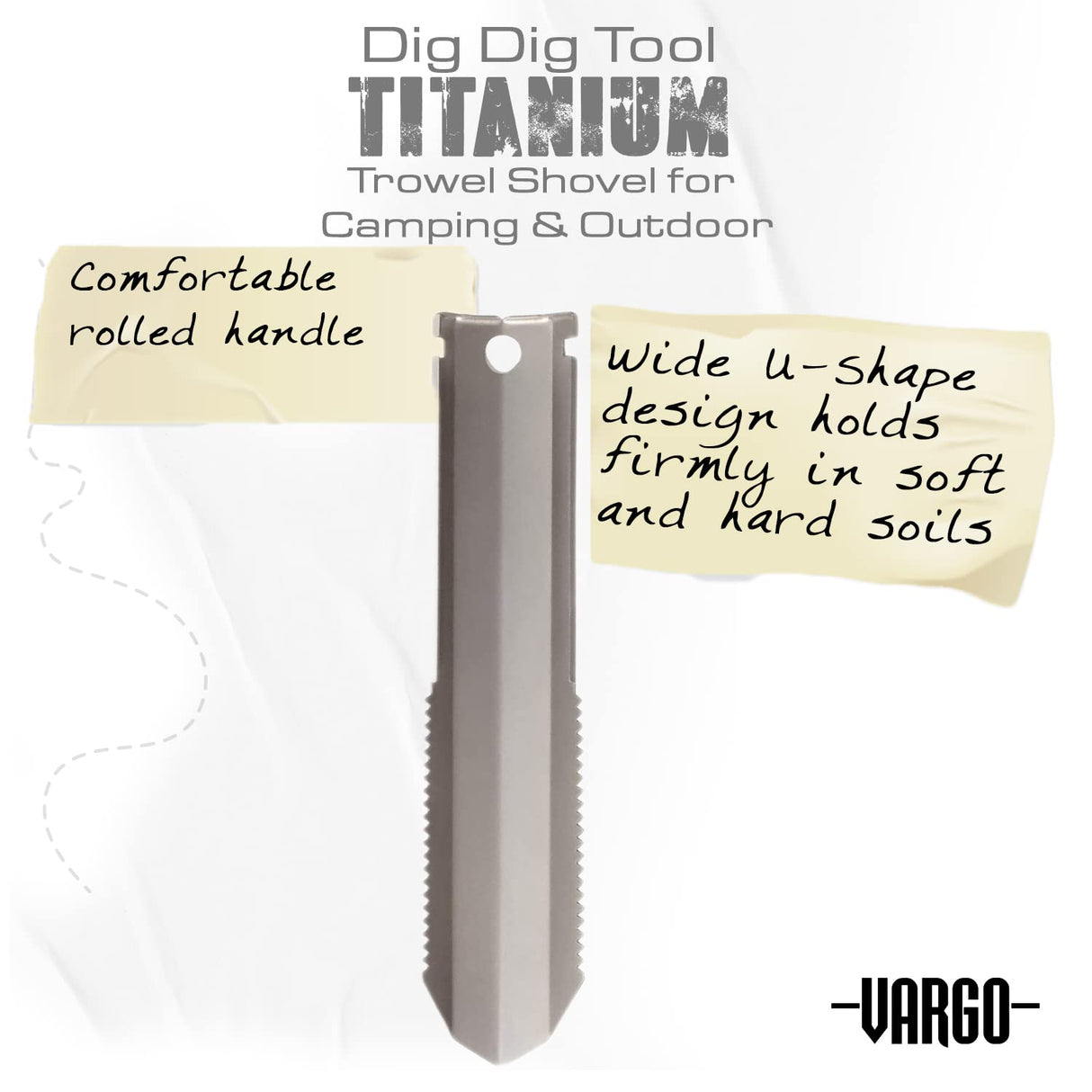 Vargo Titanium Dig Dig Tool | Compact Backpacking Trowel Shovel for Camping & Outdoor Activities | Light Weight Essential Multi Tool Shovel & Tent Stake for Hikers & Outdoor Survivors