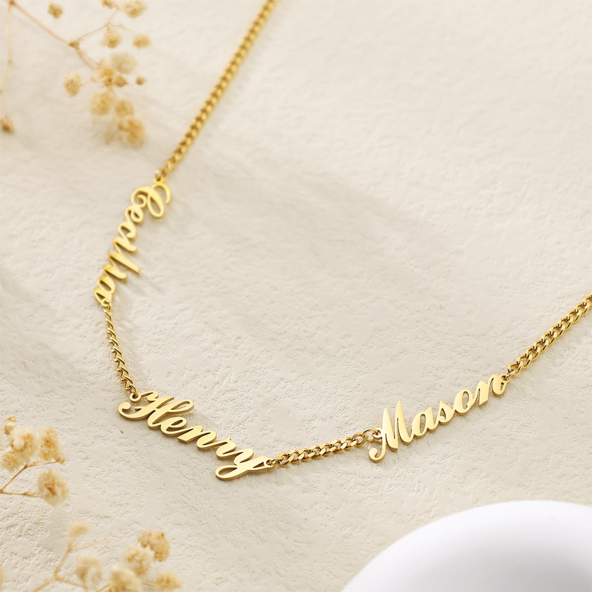 Xianofu Personalized Name Necklace with Curb Chain, 18K Gold Plated Handmade Custom Family Choker Customized Child Nameplate Necklace Mother's Day Jewelry Gift for Mom, Wife (3 Names Necklace)