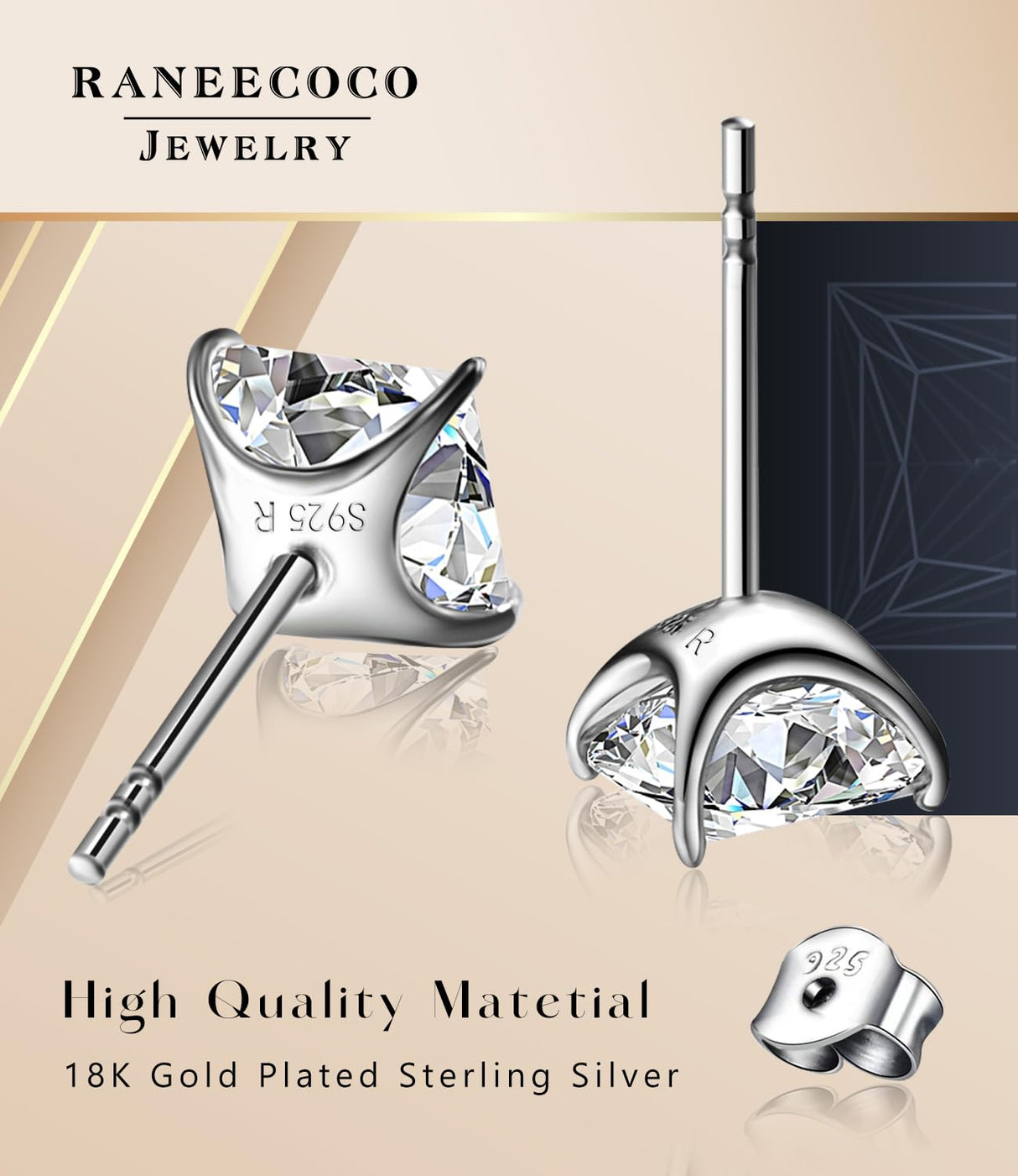 ”STUNNING FLAME“ 18K Gold Plated Sterling Silver Princess Cut Cubic Zirconia Stud Earrings for men women(w-7)
