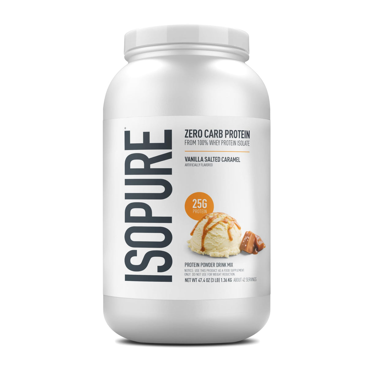 Isopure Zero Carb 100% Pure Whey Isolate Protein Powder, Lactose Free, Gluten Free, With Vitamins, Vanilla Salted Caramel, 25g Protein Per Serving, 3 Lbs, 42 Servings (Packaging May Vary)